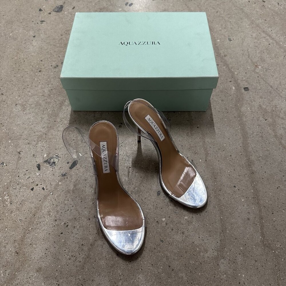 Aquazzura So Nude Plexi 105 Sandals Heels Silver - Picture 2 of 9